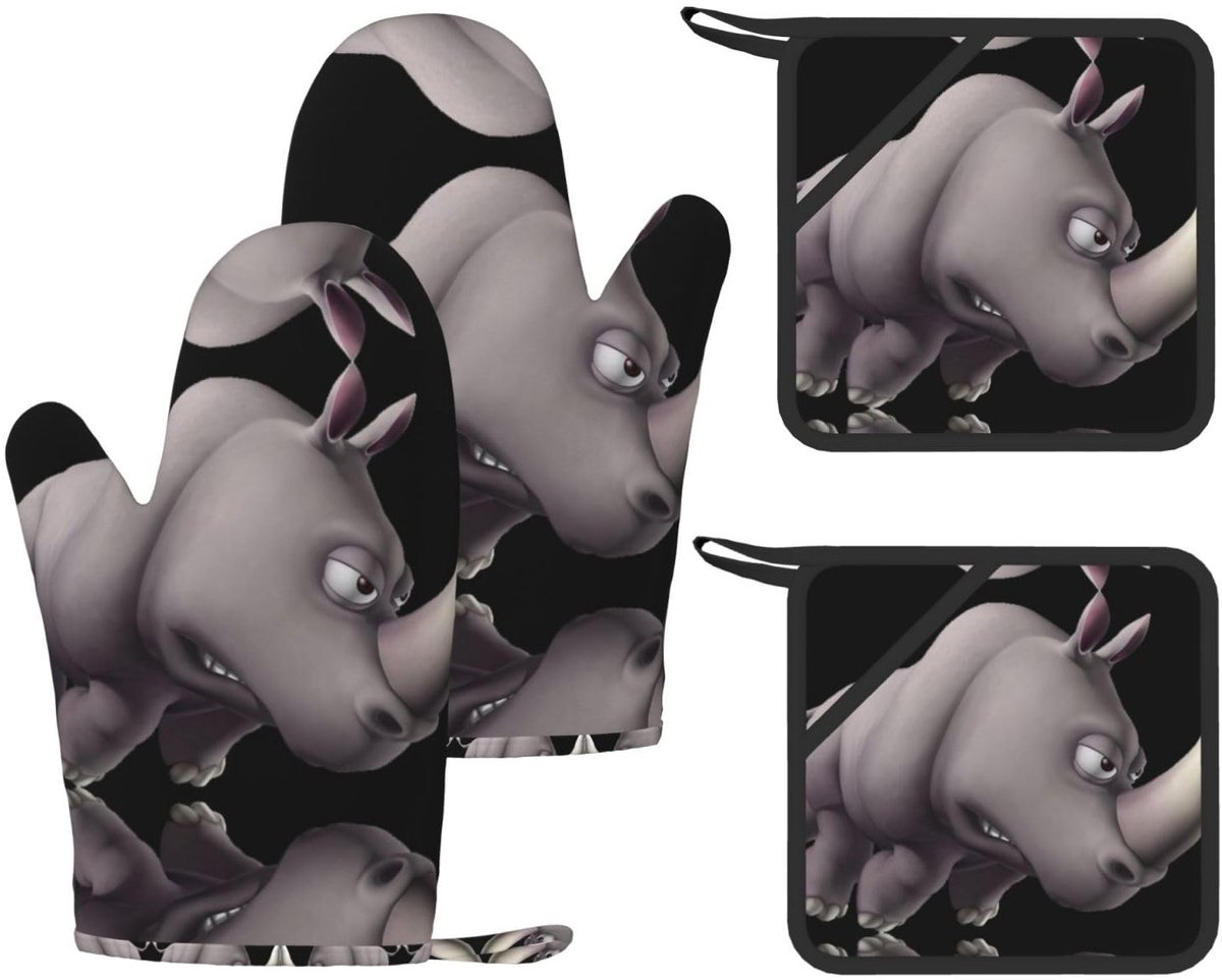 Pot Houders en Kookhandschoenen Set - Boze Neushoorn - 4 Stks