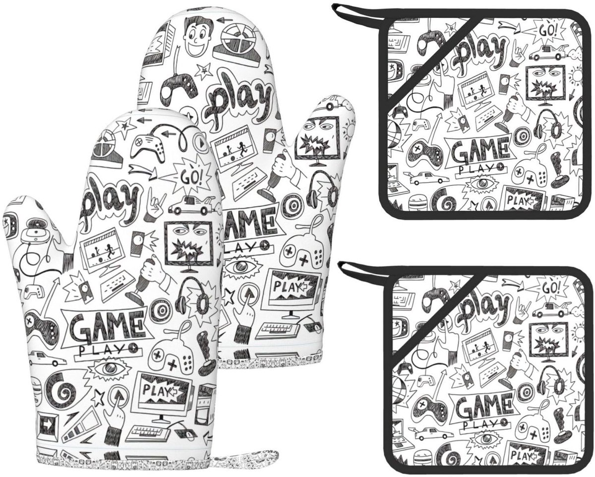 Ovenwanten Set - Video Game Print - 4 Stuks - Zwart