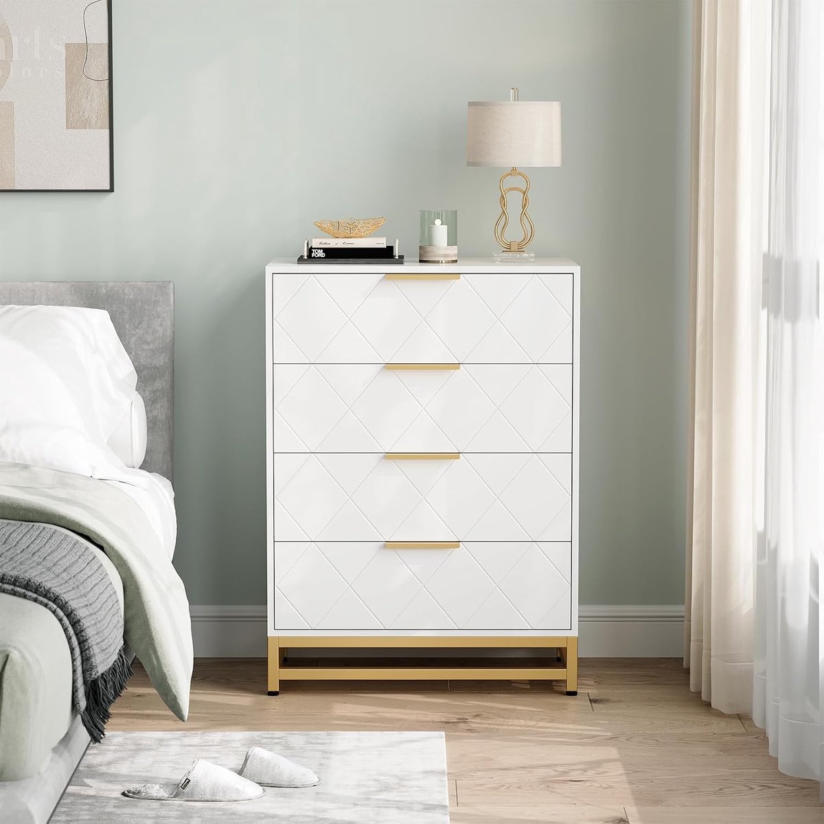 Ladekast met 4 Laden - Moderne Commode - wit met Gouden Handgrepen - Nachtkastje & Opbergkast voor Slaapkamer & Woonkamer - Elegant Design