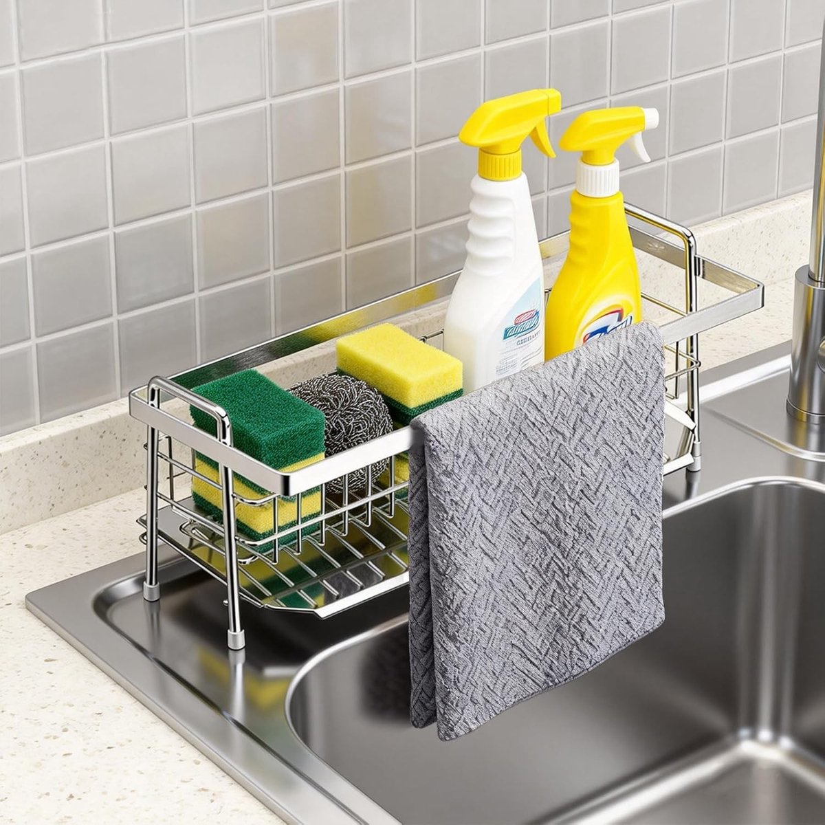 RVS Afwasbak Organiser met Sponshouder voor Keuken en Badkamer, Ruimtebesparend en Praktisch