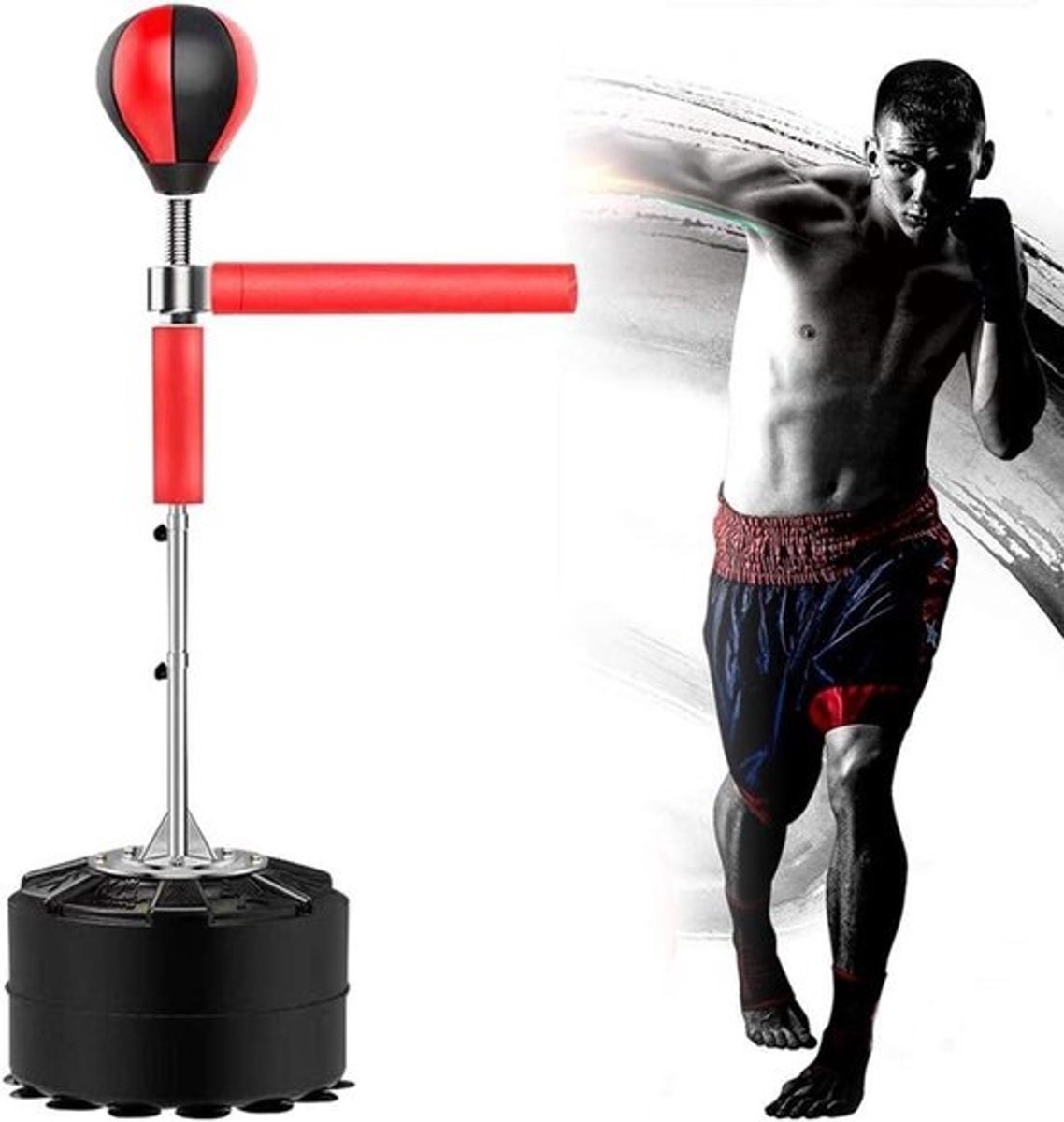 Staande Bokszak - Bokspaal Reflexbal - Thuis Fitness - 360 graden Draaibaar - 120-190 cm - Zwart en Rood