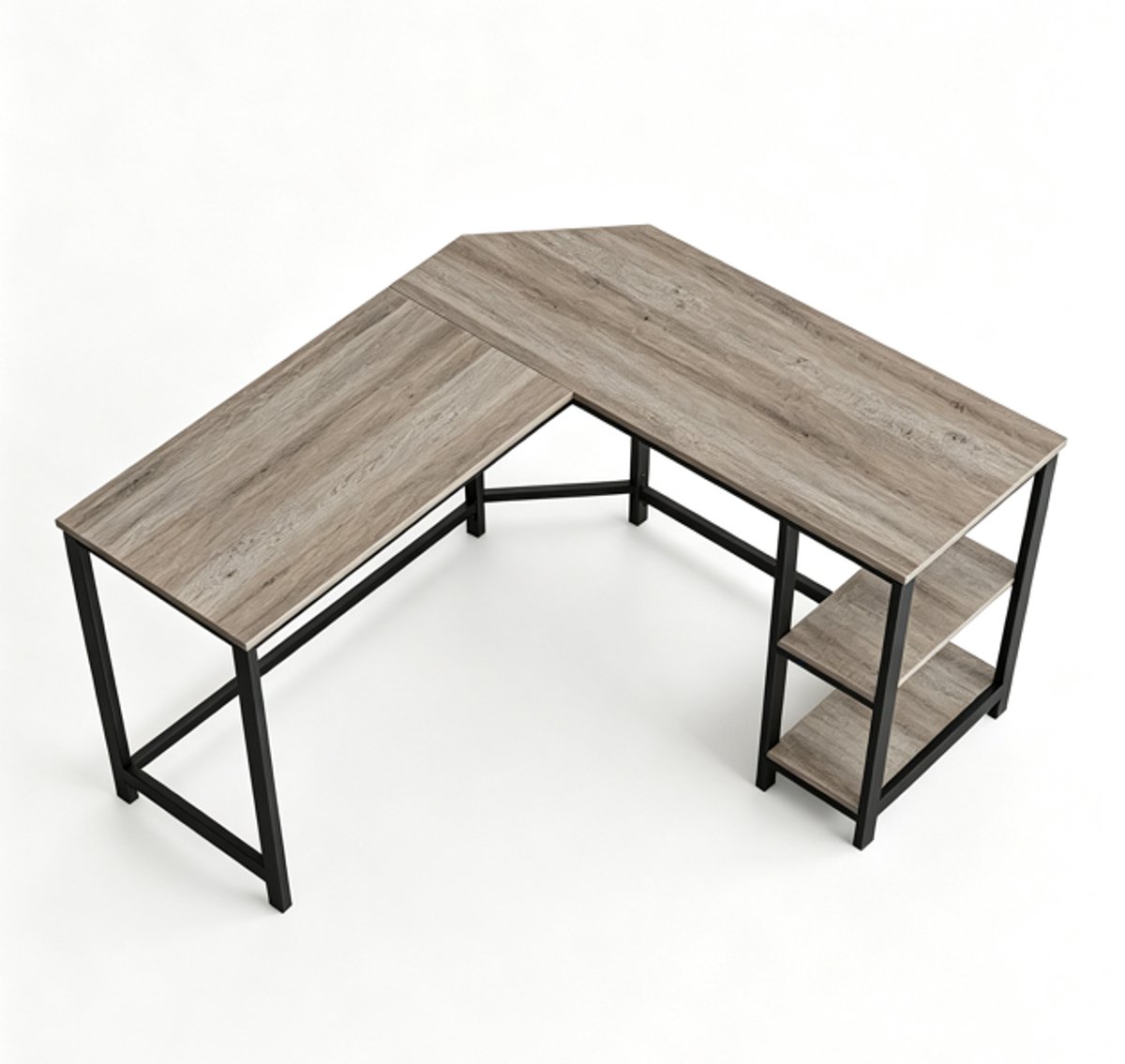 Hoekbureau 138 x 138 x 75 cm Grijs + Zwart, L-vormig Bureau, Computertafel met 2 Open Opbergvakken, Ruim Werkblad, Kabeldoorvoeren en Verstelbare Poten, Computerbureau voor Thuiswerken, Studeren en Gamen