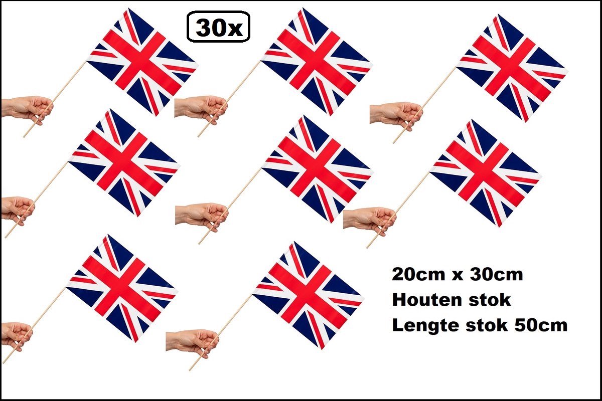 30 stuks Zwaaivlaggetjes op stok Union Jack 20cm x 30cm - lengte stok 50cm - Zwaai vlaggetjes Great Britain thema feest voetbal festival uitdeel