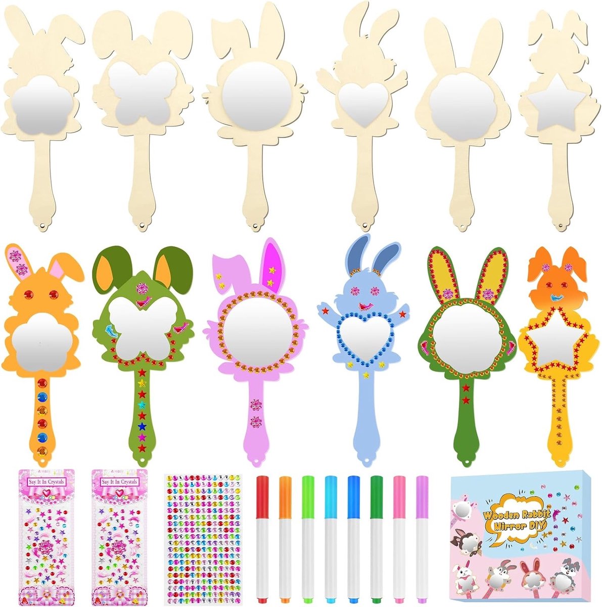 Creatieve Houten Spiegels DIY Set - 12 Stuks, Schilderen met Waterverf Potloden en Stickers voor Verjaardagsfeestjes en Handgemaakte Decoraties