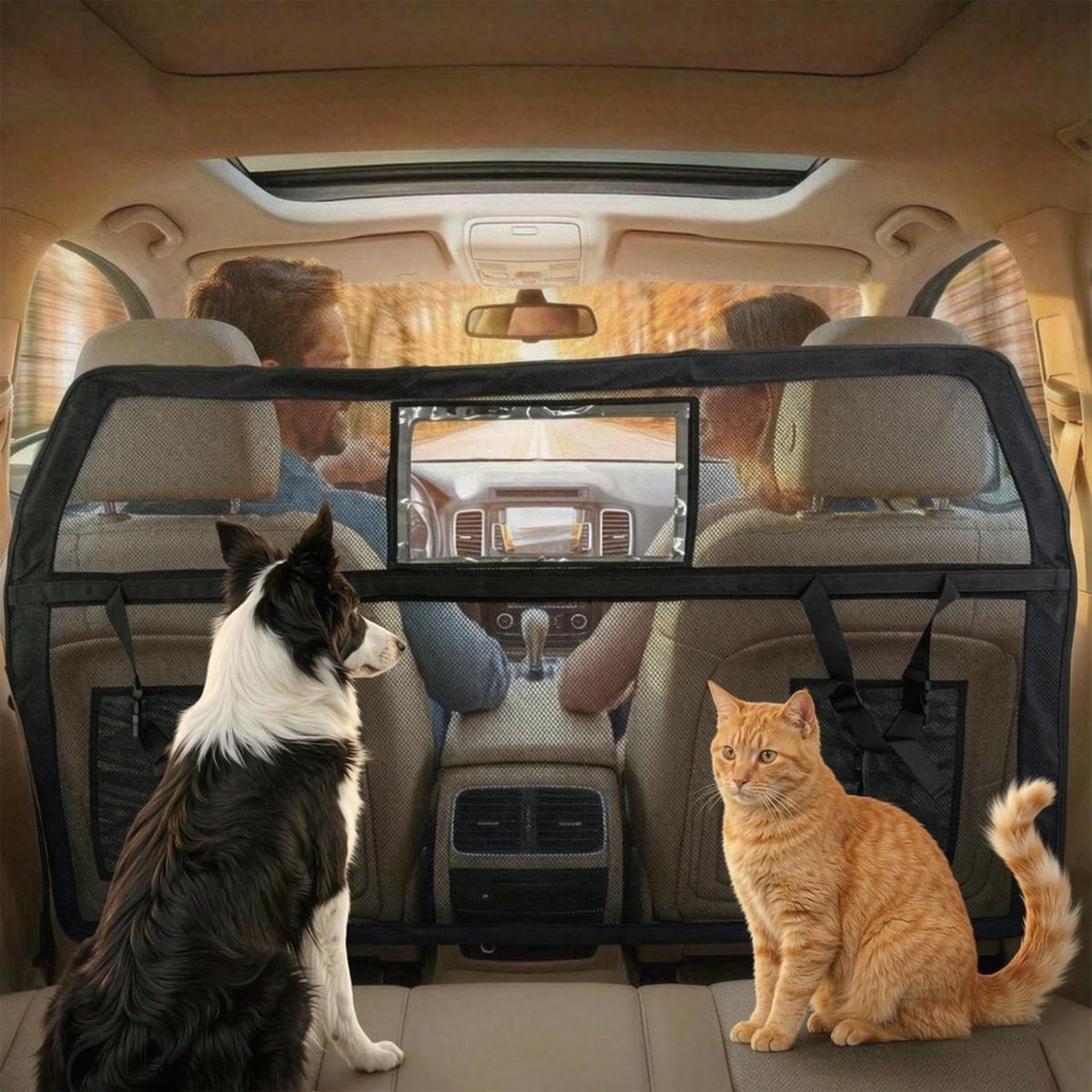 Veiligheidsnet voor honden in SUV's en limousines, scheidingsrooster voor achterbank, doorzichtig netvenster, ideaal voor reizen met huisdieren, 1270 × 1070 × 81,5 mm, zwart