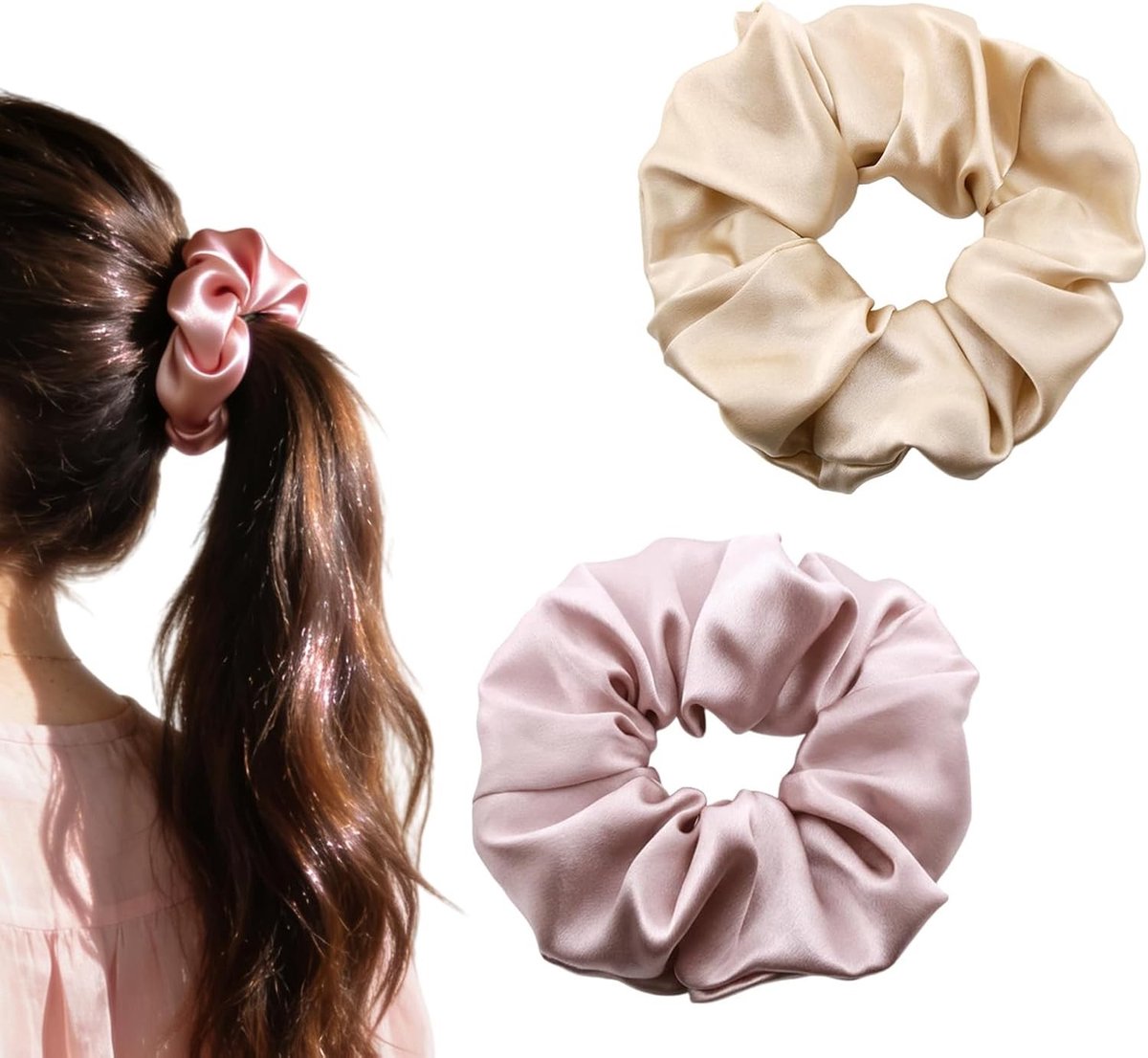 Zijde Scrunchies Set van 2, Zachte Haarbanden voor Vrouwen, Elastische Haaraccessoires tegen Gespleten Haarpunten (Roze en Abrikoos)