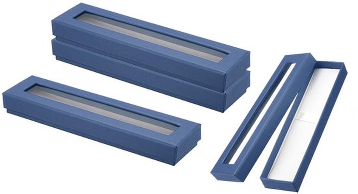 Geschenkdoos voor pennen, verpakking met 4 lege componenten etuis met transparant venster voor de presentatie van pennen, potloden, sieraden, zakelijk kantoor, blauw, Blauw