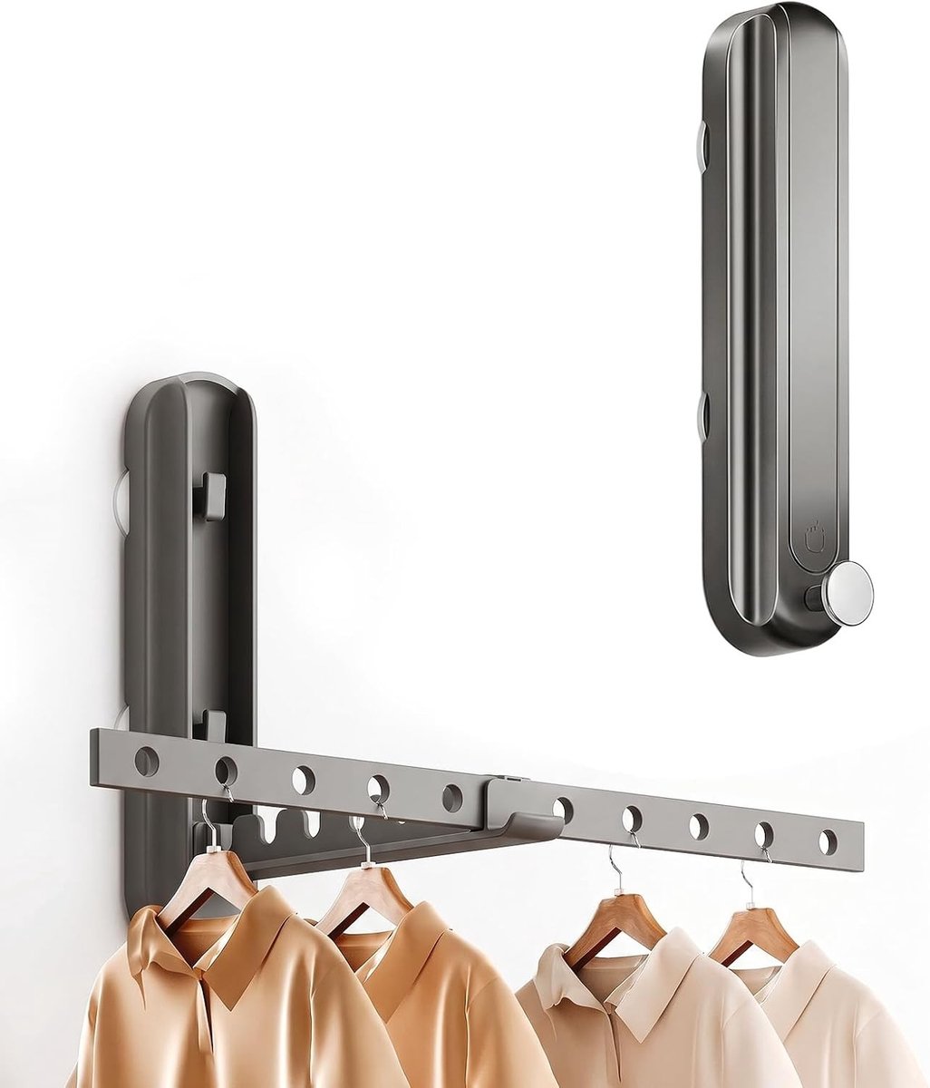 Opvouwbare Wandhaak voor Kleding, Ruimtebesparende Kledingrail, Muurbevestiging, Ideaal voor Wasruimte en Organisatie, Grijs