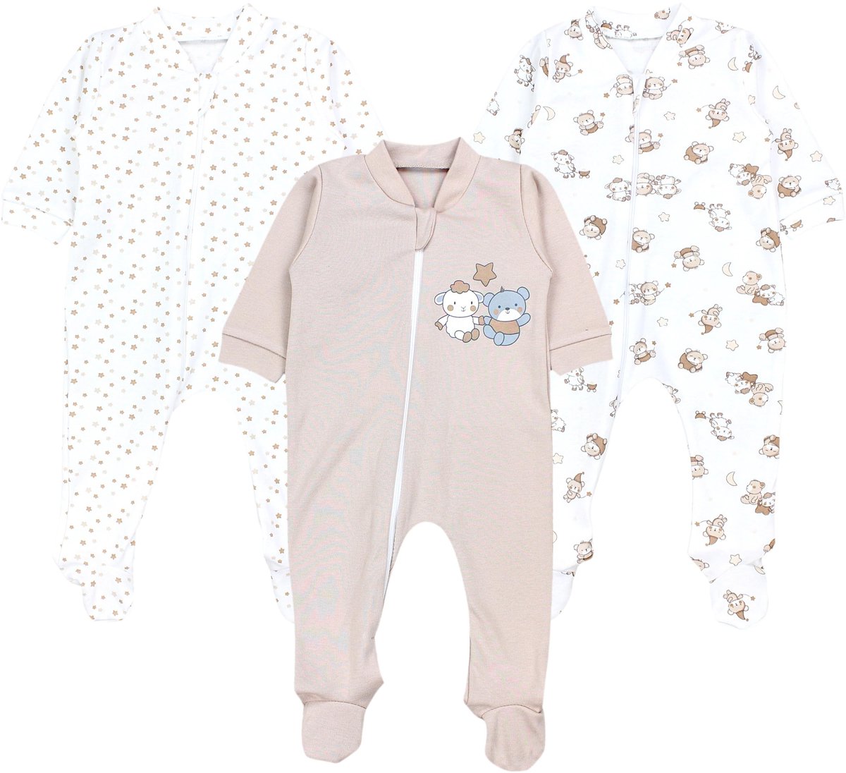 Baby Pyjama Romper Jumpsuit - 3 Pack Beige met Beren