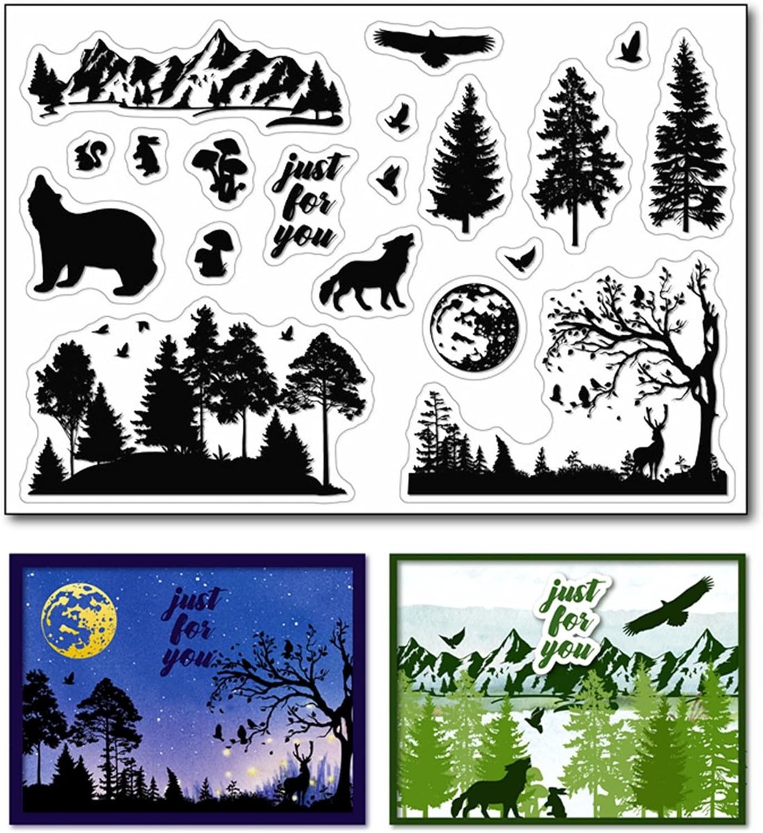 Stempels voor Kaarten Maken en Journaling met Silhouetten van Bomen en Dieren, Perfect voor Scrapbooking en Creatieve Decoratie van Papier
