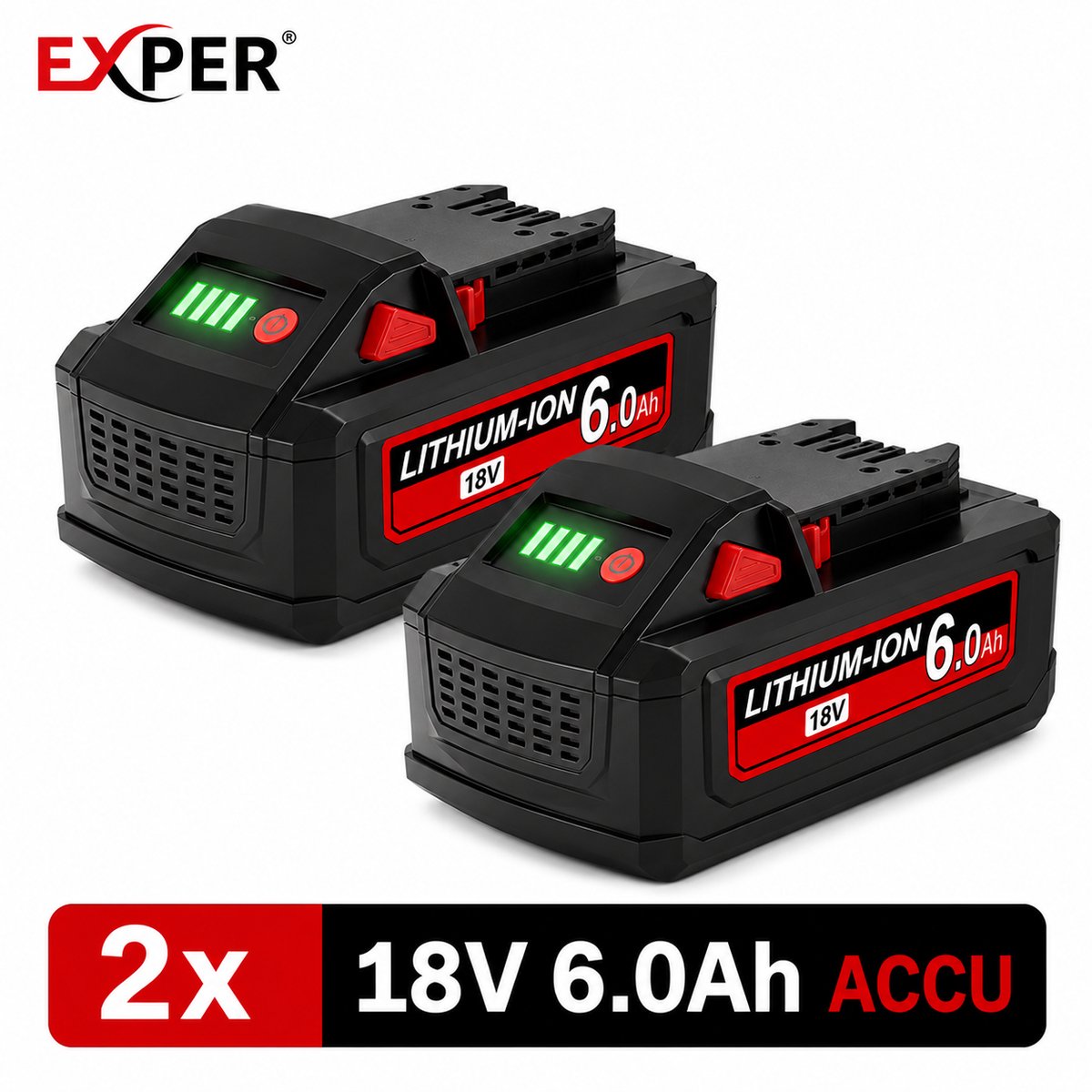 EXPER - 18V Accu geschikt voor Milwaukee M18 - 2 Stuks - 6.0Ah - Vervangende Accu - Compatibel met M18 B2 B4 B5 B6 B9 BX - Li-ion