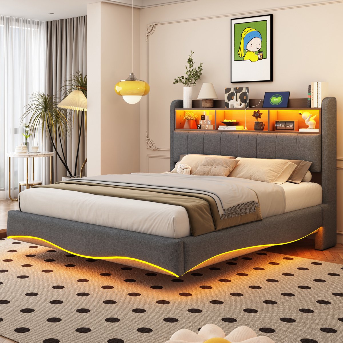 MEUNIQ gestoffeerd bed 140 x 200 cm met LED-verlichting, USB en Type-C, opbergruimte in het hoofdbord, metalen frame, tweepersoonsbed voor slaapkamer, grijs