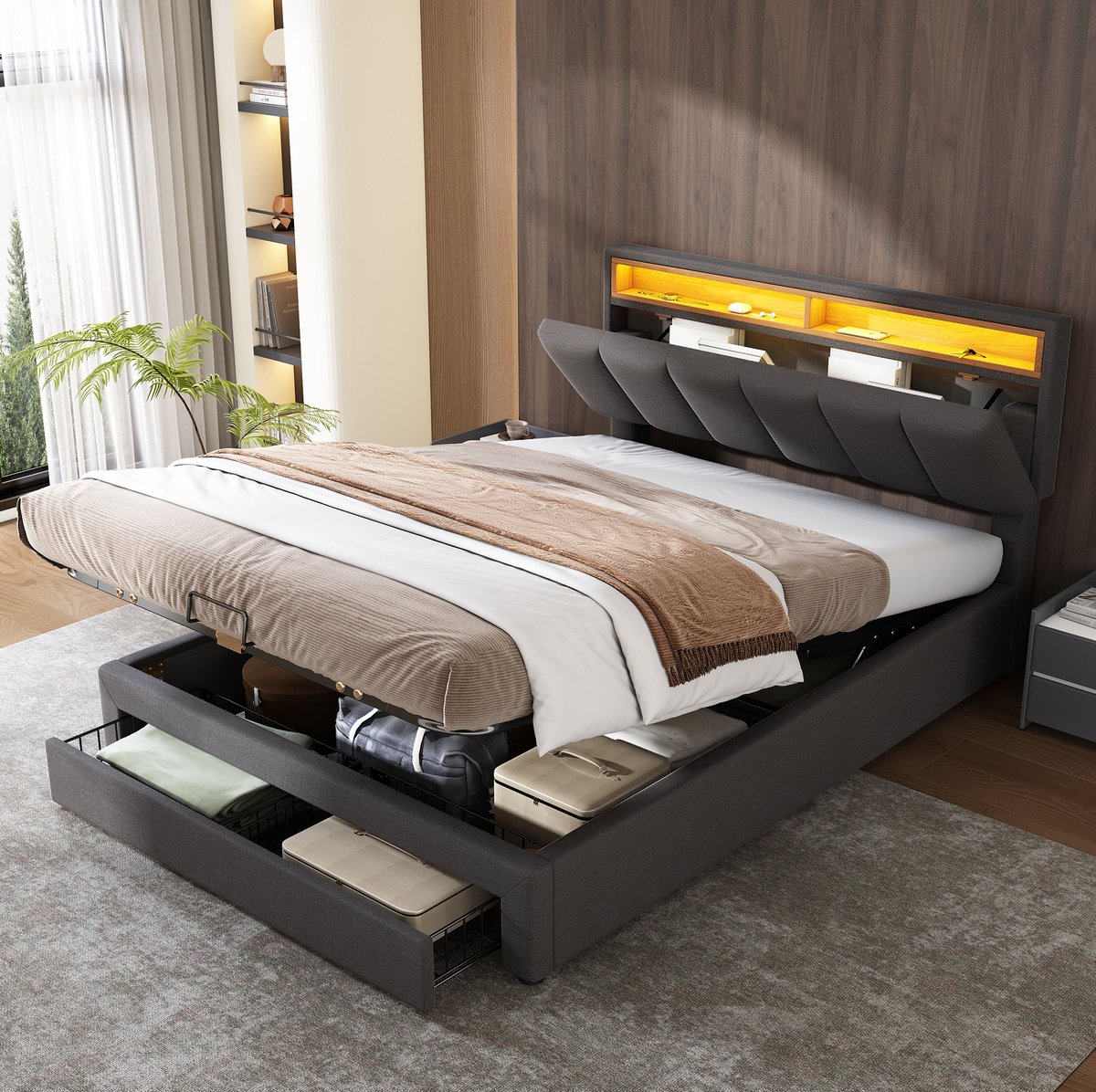 MEUNIQ gestoffeerd tweepersoonsbed 140 x 200 cm met LED hoofdbord, lattenbodem, opbergruimte onder bed, lades en opbergvakken voor slaapkamer, grijs
