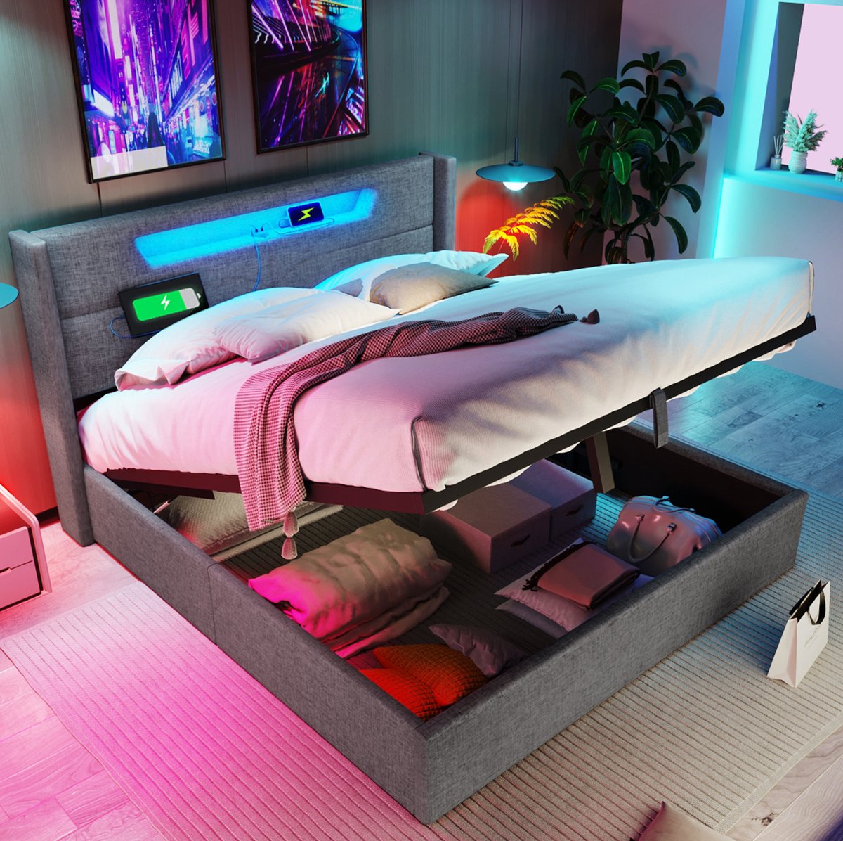 MEUNIQ tweepersoons bed 160x200 cm met LED-verlichting, USB en Type-C, opbergruimte onder lattenbodem, gestoffeerd bedframe voor slaapkamer, grijs