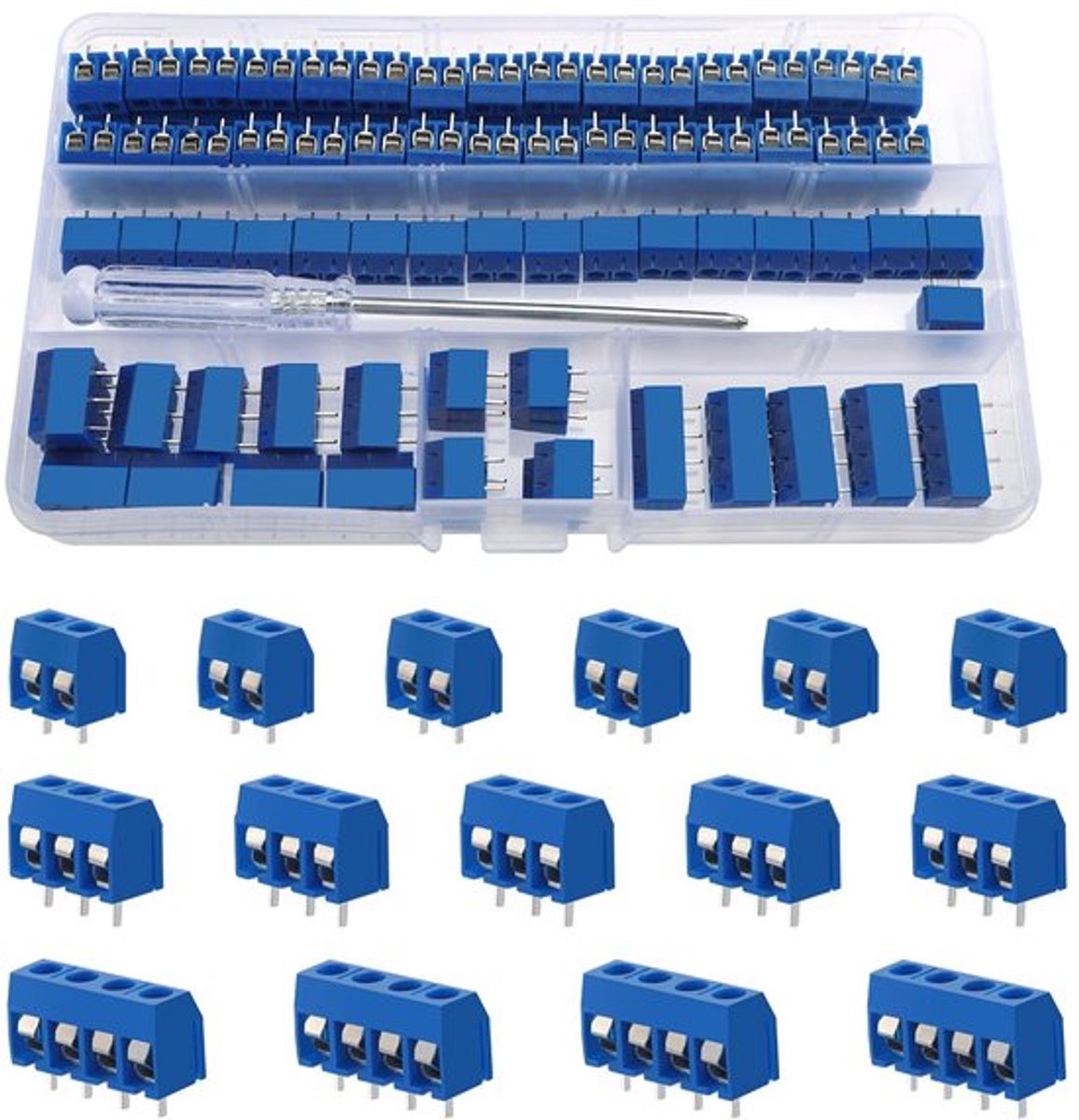 Screw terminal blokken 5mm, 2-, 3- en 4-poppig (100 stuk)