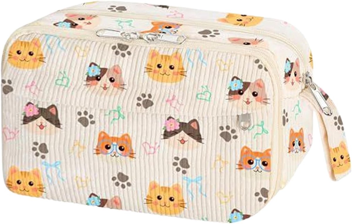 Etui met Rits - Pennendoosje Schattig - School Organisatie - Corduroy Materiaal - 21.5 cm - Kitten