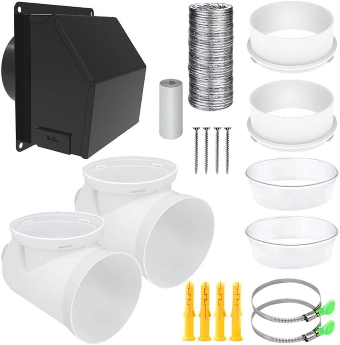 Droger ventilatieset Wasdroger afvoer Efficiënte ventilatie Ruimtebesparende 90° bocht 4 inch diameter Wit en zwart