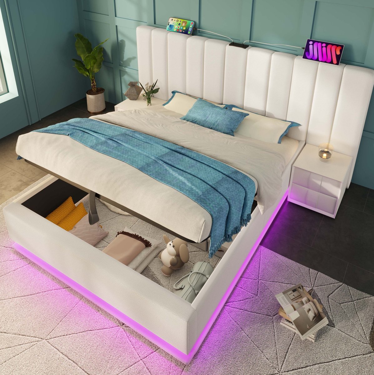 MEUNIQ tweepersoons bedframe 180x200 met opbergruimte, LED-verlichting, 3 USB en USB-C, lattenbodem, hydraulisch opbergbed voor slaapkamer, wit