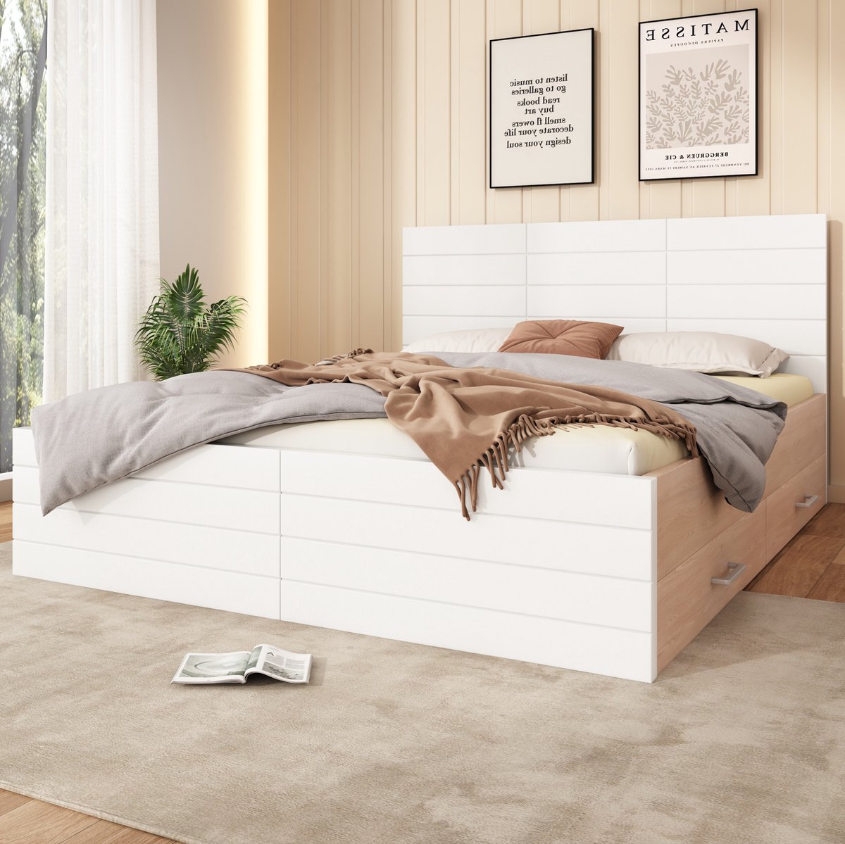 MEUNIQ tweepersoonsbed 160 x 200 cm met lattenrost en 2 verplaatsbare lades, bedframe met opbergruimte voor slaapkamer, wit en licht eiken