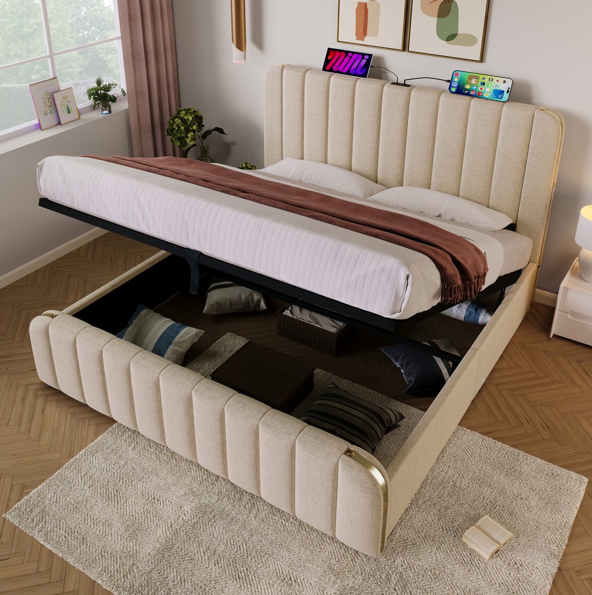 MEUNIQ tweepersoons opbergbed 180x200 cm met hydraulische bergruimte, USB en Type-C in hoofdbord, lattenbodem, beige stoffen bedframe voor slaapkamer
