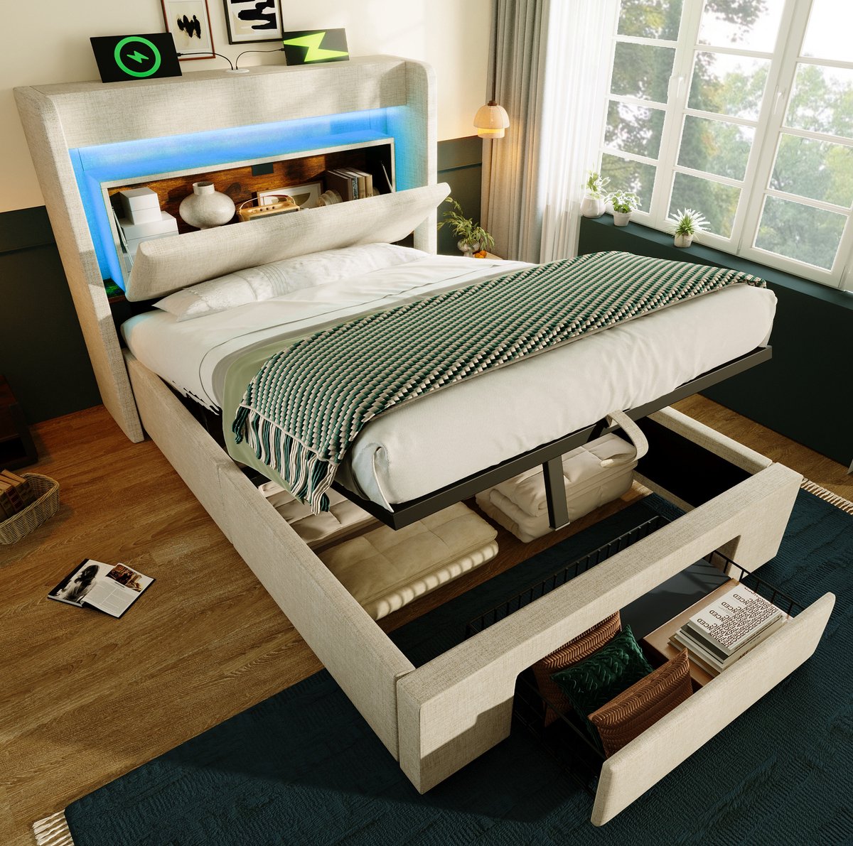 MEUNIQ gestoffeerd bed 90x200 cm met hydraulische opbergruimte, bedlade op wielen, hoofdbord met opbergvak, ledverlichting, USB en USB-C, lattenbodem, beige