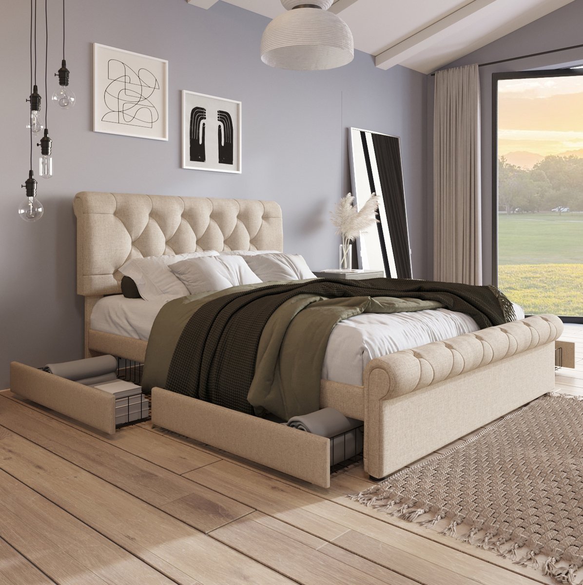 MEUNIQ tweepersoons gestoffeerd bed 140 x 200 cm met 4 lades, verstelbaar hoofdbord, lattenbodem en opbergruimte voor de slaapkamer, naturel Natural