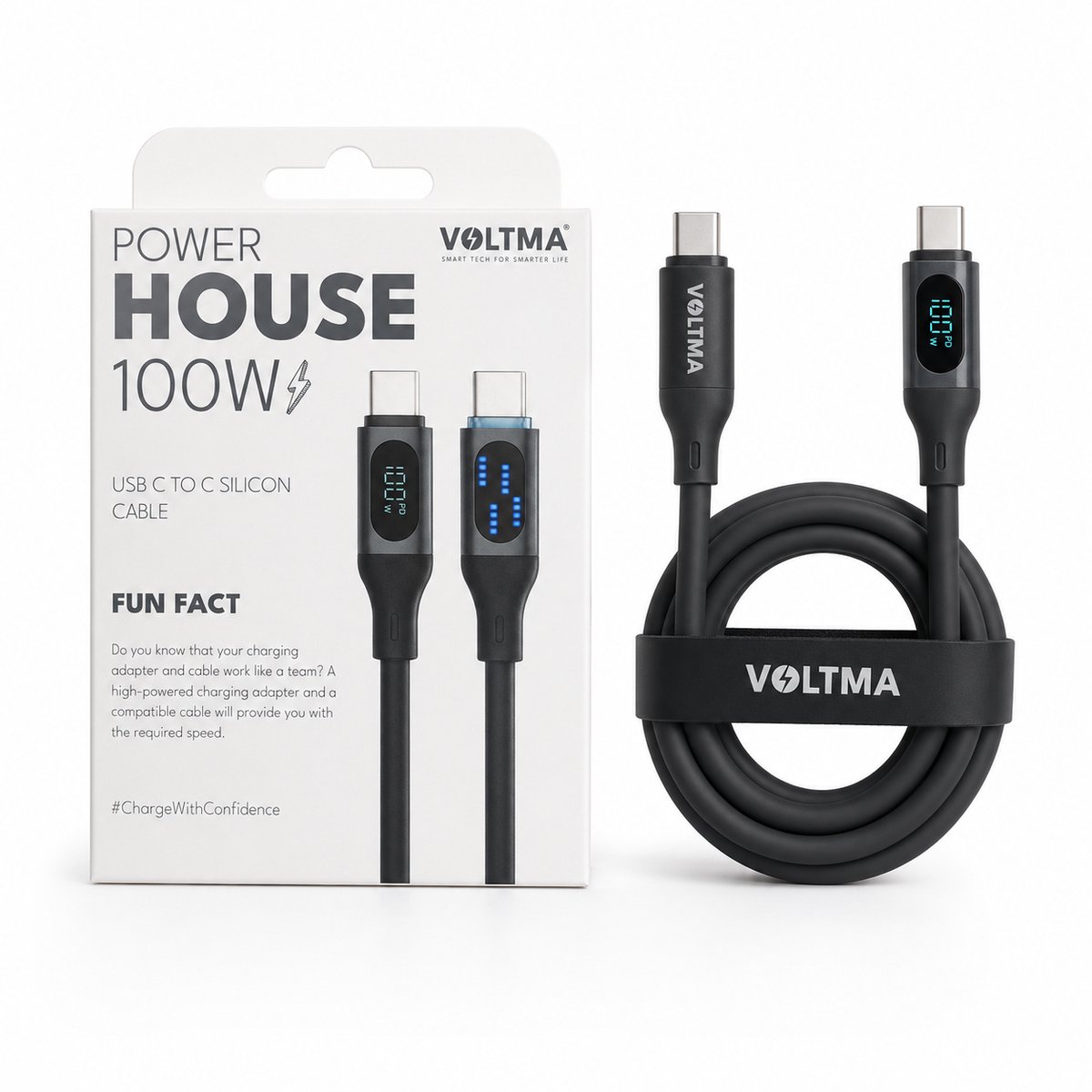VOLTMA Power House USB-C naar USB-C Kabel 100W - 1.2 Meter - LED Display - Siliconen Oplaadkabel - Zwart