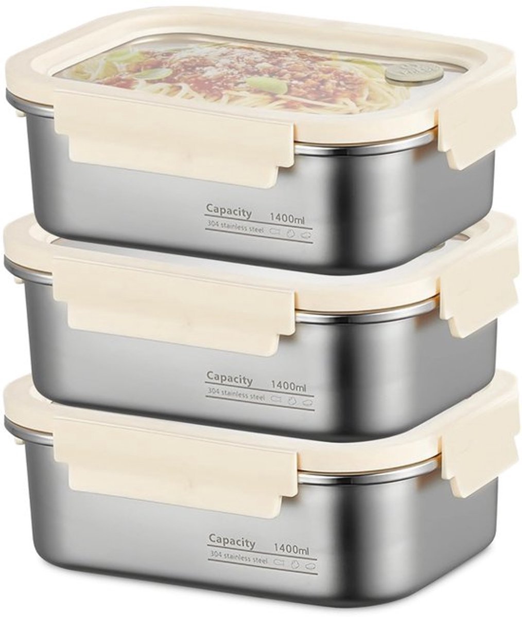 Allecto - Set van 3 Roestvrijstalen Voedselcontainers 1400 ml
