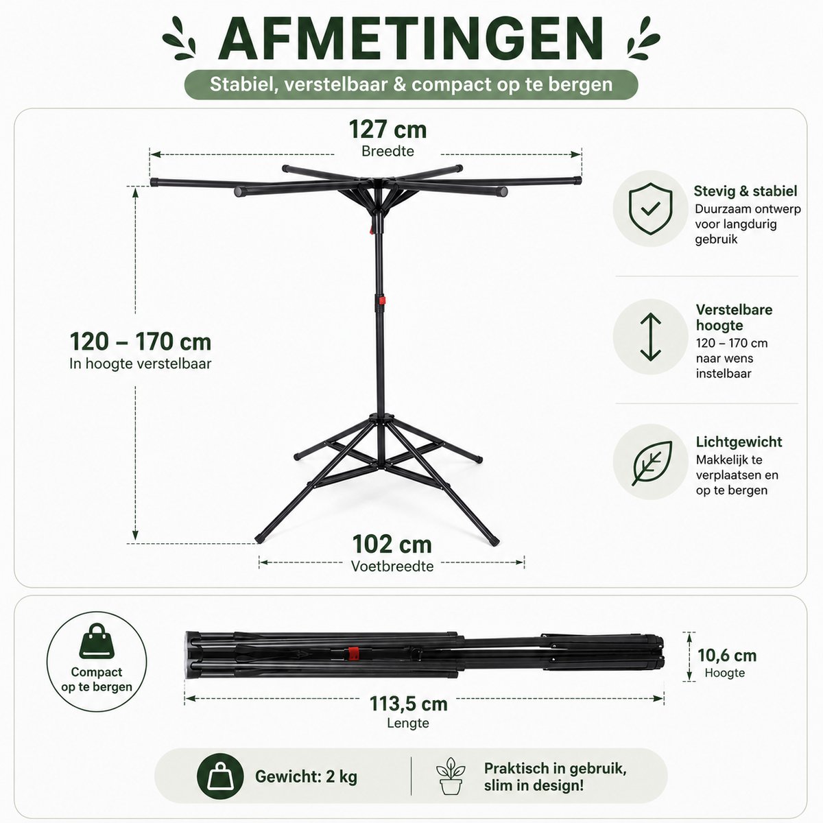 DPLUNIQ Wasrek - Droogrek - Droogmolen - Wasrek Inklapbaar - 6 uittrekbare stangen - Koolstofstaal - Draagvermogen 35-40kg - Zwart