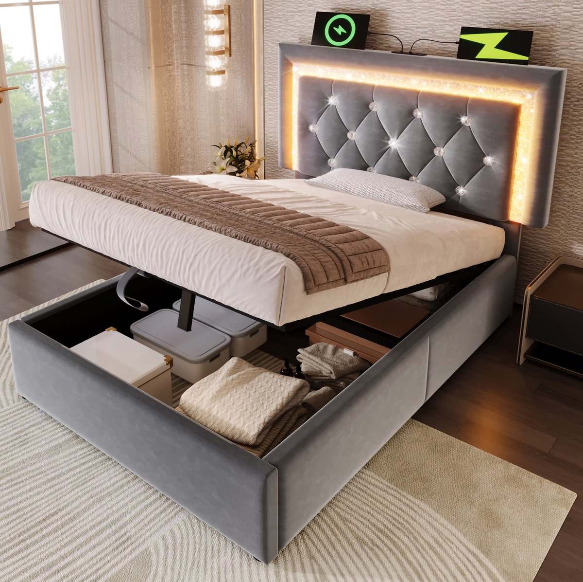 MEUNIQ gestoffeerd eenpersoons bed 90x200 cm met LED-hoofdbord, USB en USB-C, hydraulische opbergruimte, lattenbodem en verstelbaar hoofdbord voor slaapkamer, grijs