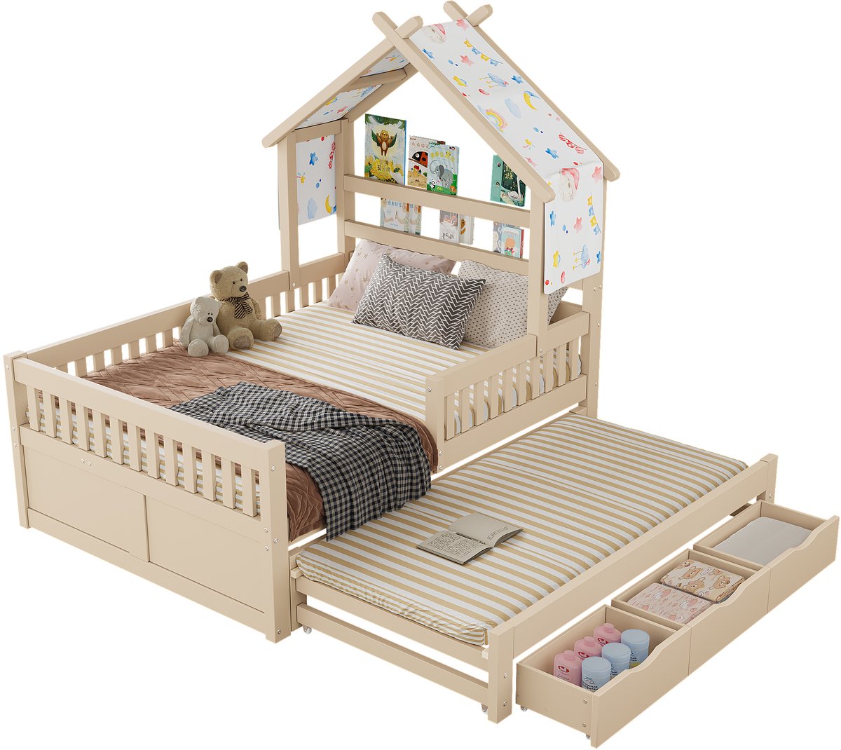 Merax Houten platformbed - huisvorm - 140 x 200 cm - met uitschuifbaar bed - 3 lades en veiligheidsbeugel - beige - zonder matras