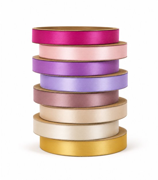Stapel van zeven rollen satijnen lint in verschillende kleuren: donkerroze, lichtroze, paars, lavendel, mauve, champagne en goud.