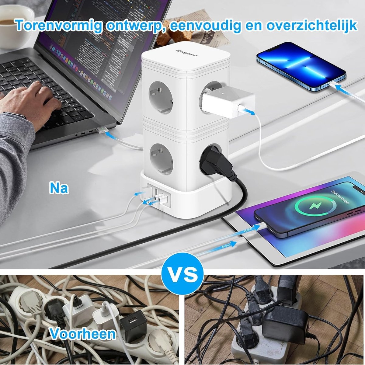 Stekkerdoos met Overspanningsbeveiliging - Wit - 8 Stopcontacten - 4 USB-Poorten - Voor Thuis en Kantoor
