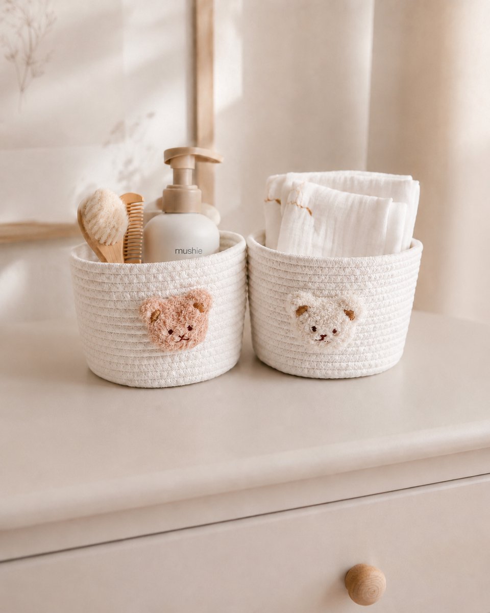 Commodemandjes teddy 2 stuks - setje – teddybeer – commode organizer – opbergmand kinderkamer - babykamer decoratie – kraamcadeau - Baby speelgoed.