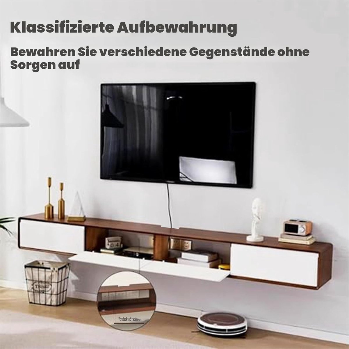 TV-meubel Zwevend 160 cm Massief Hout - Wandkast met Lade, Hangende TV Kast, Wandmontage, Opbergruimte, Smal Design voor Woonkamer, Slaapkamer & Klein Appartement - Bruin - Mobili Bella