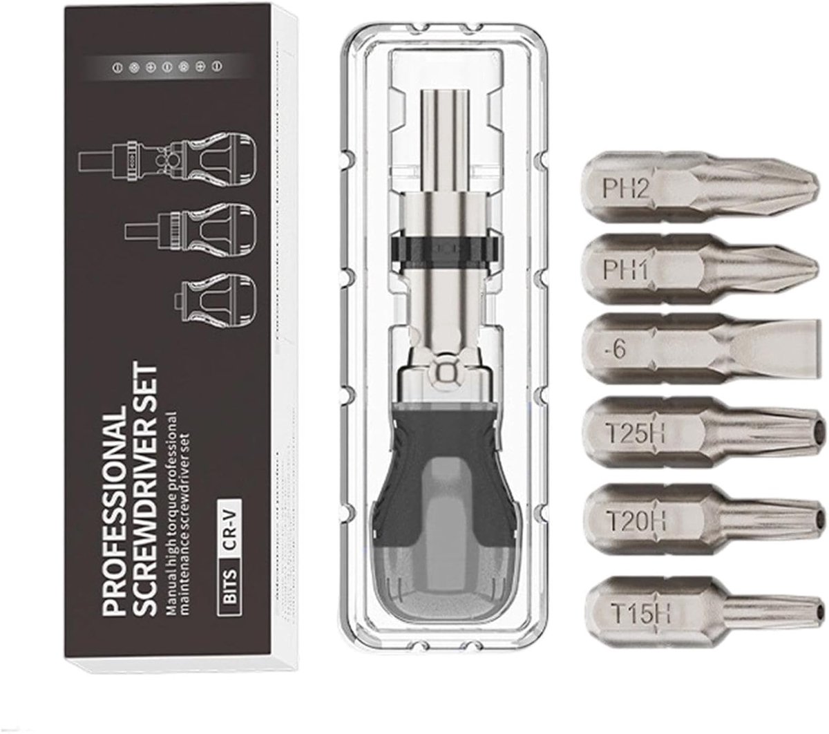 Ratel Schroevendraaier - Magnetische Set - Klus Klaren - 180 Graden Verstelbaar - 7-in-1 - Grijs