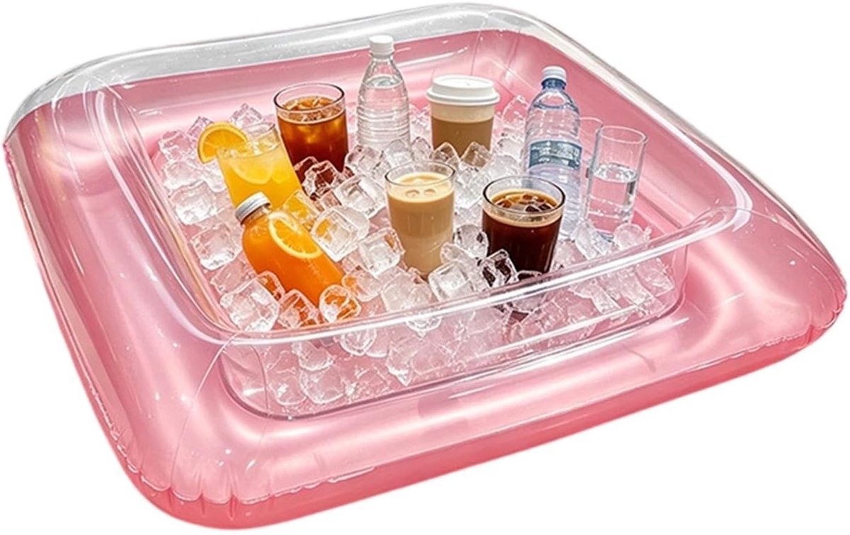 Opblaasbaar Dienblad - Drankkoeler Tafel - Feestelijk Gebruik - Met Afvoerplug - 60x60cm - Transparant Roze