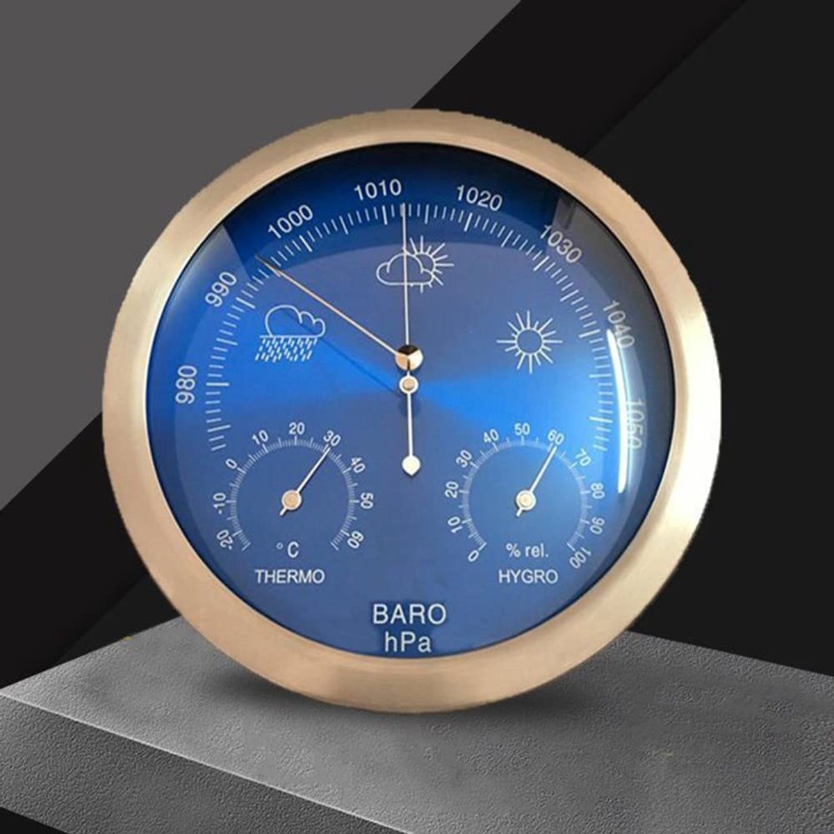 Glazen Weerstation - Barometer Hygrometer - Weer Voorspellen - 3-in-1 Functie - 980-1050 hPa - Goud Blauw