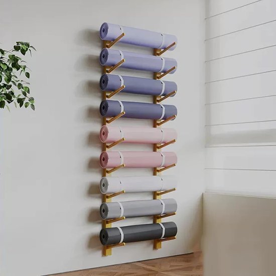 Yoga Mat Houder - Muurrek Opbergrek - Sportspullen Organiseren - Ruimtebesparend Wandmodel - Tot 3 Matten - Houtkleur — afbeelding 4