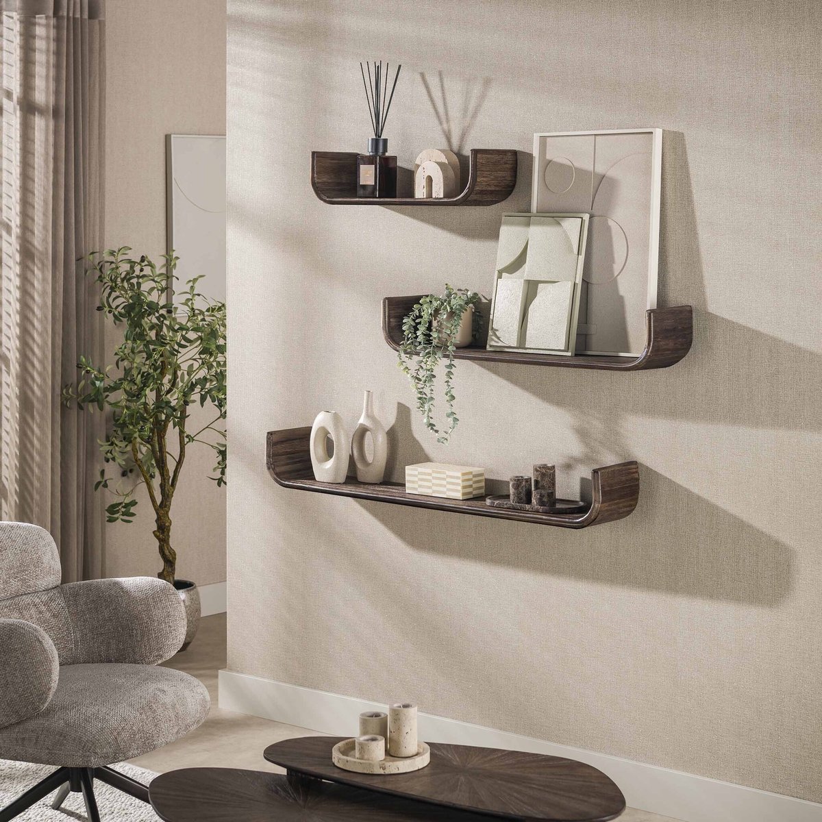 PS-Collection Wandplank Teakhout Donkerbruin Maya Set van 3 - wandplank, wandrek industrieel, wandrek metaal zwart, wandrek rond, wandrekken, wandplank zwevend, wandplank hout