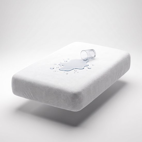 Witte badstof matrasbeschermer met water druppels.