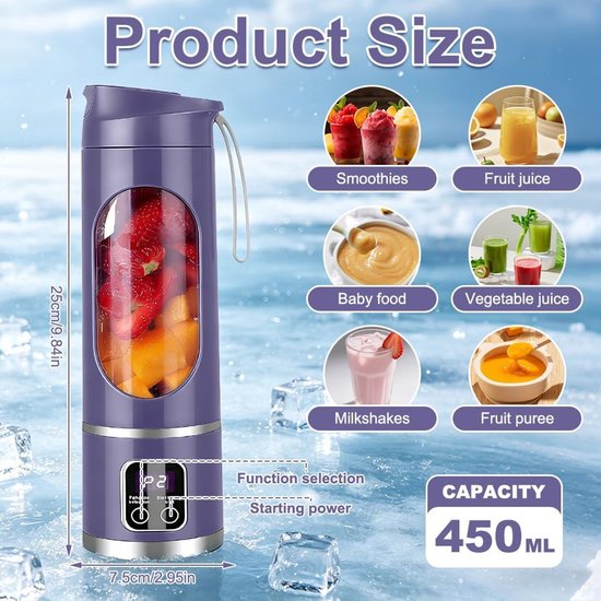 Draagbare Blender - Mini Mixer - Gezonde Drankjes Maken - 12 RVS Bladen - 450 ml - Paars — afbeelding 3
