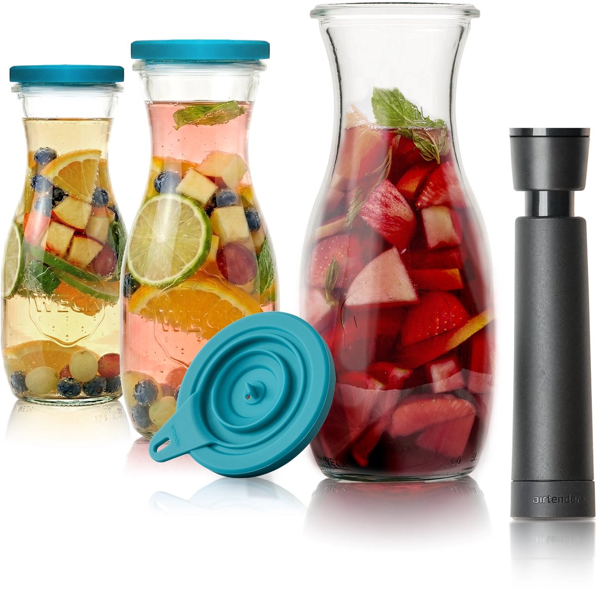 Airtender Instant Sangria Maker 500ml (3st.) | 3x Vacuüm Sangriakaraf van glas | 3x Vacuümdeksel + GRATIS -pomp | Maak razendsnel de lekkerste Sangria! | Zonder vacuüm te gebruiken | Vacuüm versnelt de infusie (duurt 15-30min) en creëert meer smaak