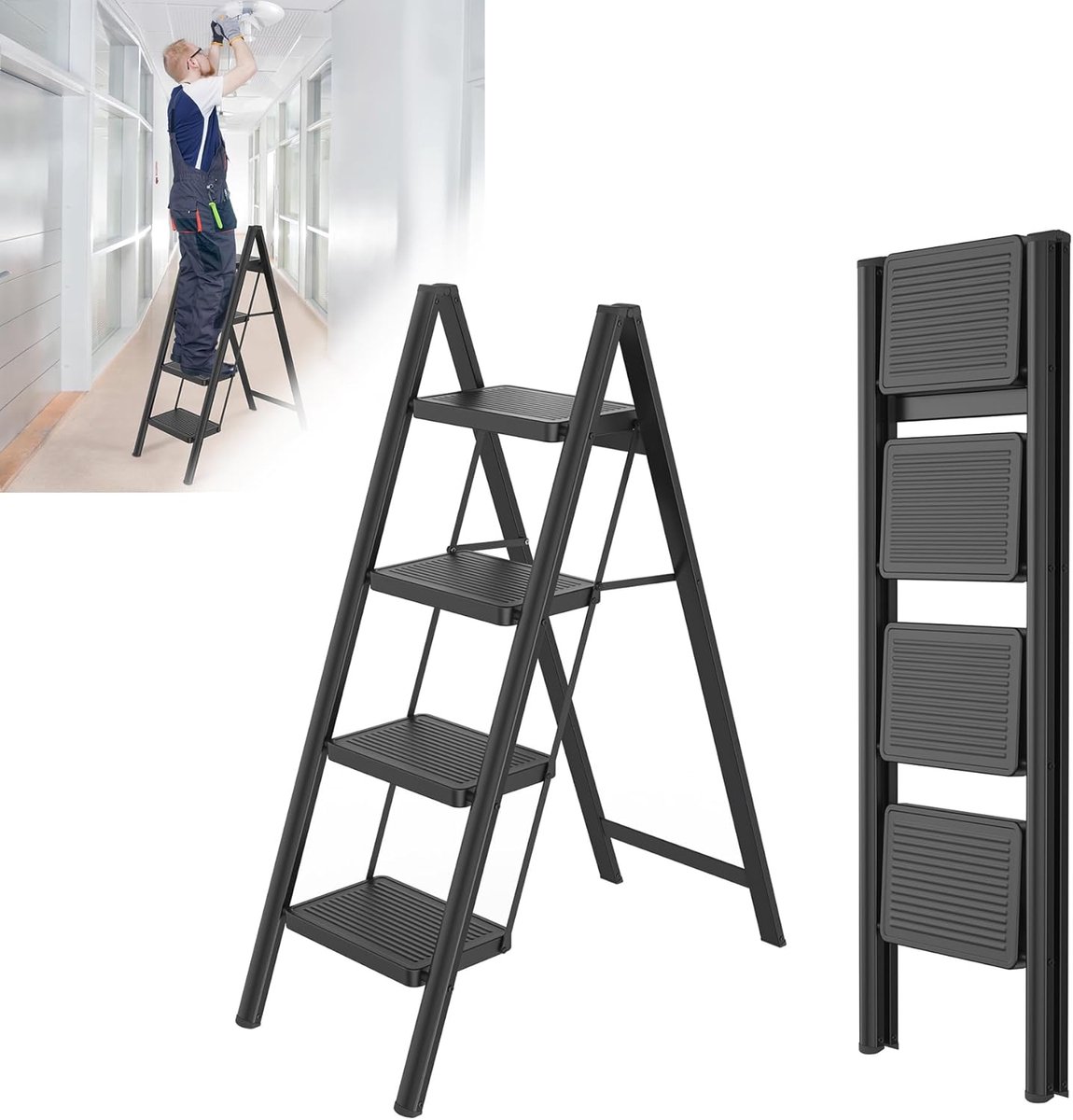 Huishoudtrap 4 Treden - Keukentrap - Inklapbaar - Antislip - Extra Stevig - Zwart - Veiligheid