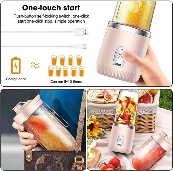 Smoothie Maker - Portable Mixer - Verse Drankjes Maken - 6 RVS Bladen - 400 ml - Roze — afbeelding 5