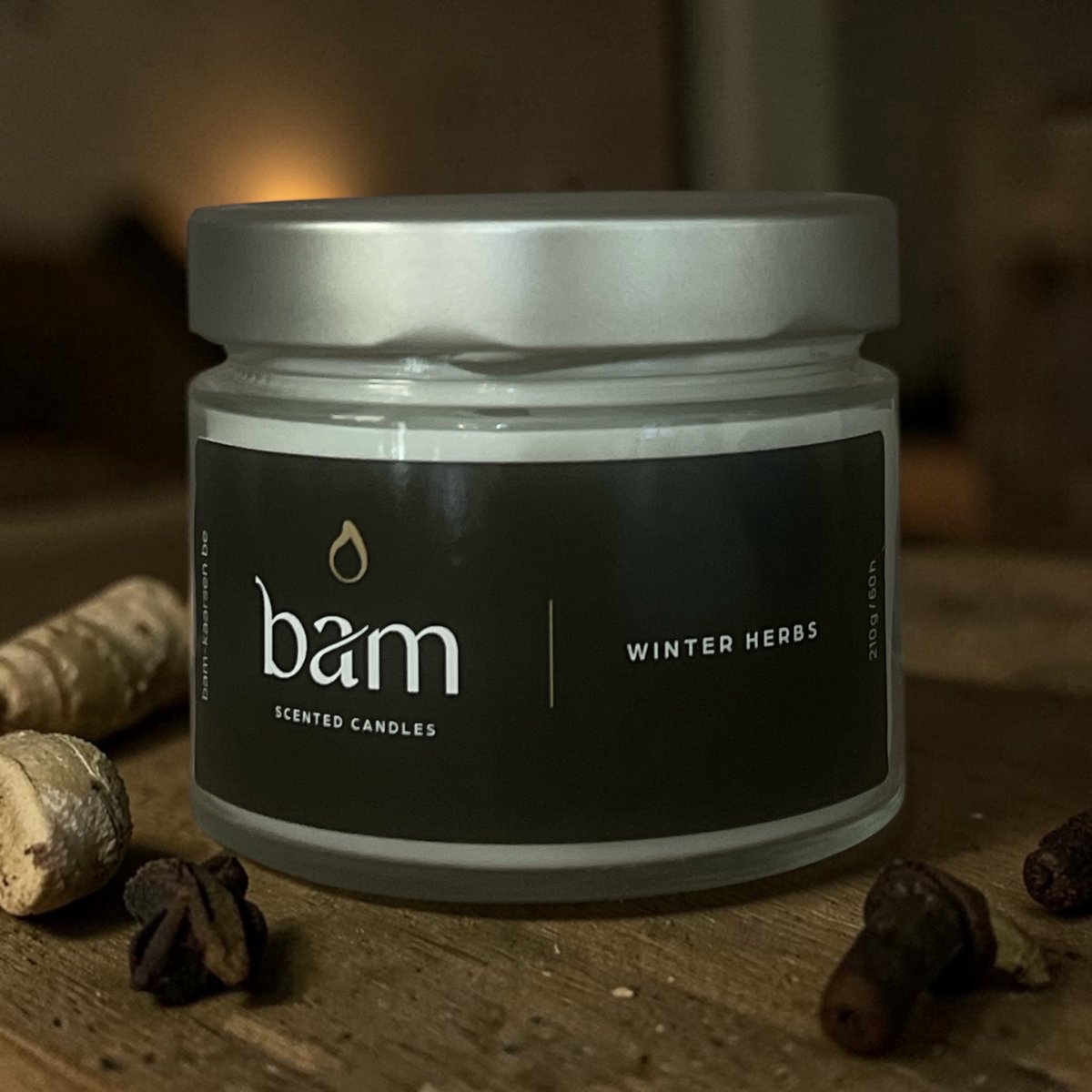 Bam Winter Herbs Geurkaars – Basic Collection Medium – 50 Branduren – 210 g – Zonnebloemwas – Vegan transparant