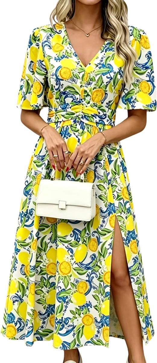 Currero Zomerjurk Dames Zomerjurken Volwassenen Vrouwen Midi Jurk Ibiza Stijl Sundress Dress Groengeel XXL