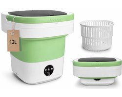 Opvouwbare Mini Wasmachine - 12L - Camping Wasmachine met Centrifuge Mandje - Draagbare Kleine Wasmachine voor Camping Apartement Kamer of Reizen - Smart Touch - 31.8 x 31.8 x 33 cm - Groen & Wit