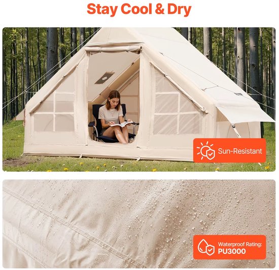 CreateEcom Tent - Opblaasbare tent - Kampeertent - Voor 3-5 Personen - Snel Op Te Zetten met Handpomp - 4 Seizoenentent Van 300d Oxford Stof met Ovenaansluiting - Inclusief opbergtas - 300 x 200 x 200 cm — afbeelding 5