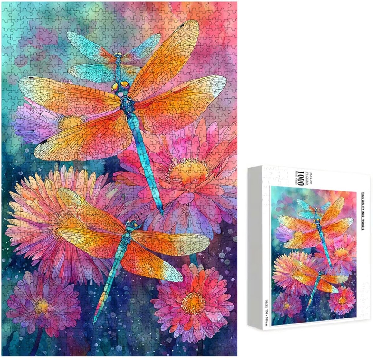 Houten Puzzel - Volwassen Puzzel - Ontspanning en Hobby - Gedrukt op Achterkant - 1000 Stukjes - Libelle Bloem